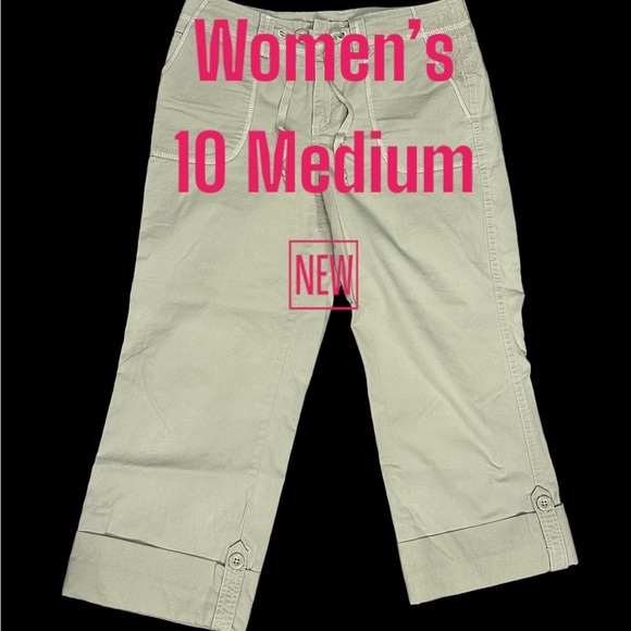 Women's Eddie Bauer 10 Medium Capri Pants Chino Khakis Twill Stretch Khaki NWOT - Picture 2 of 12